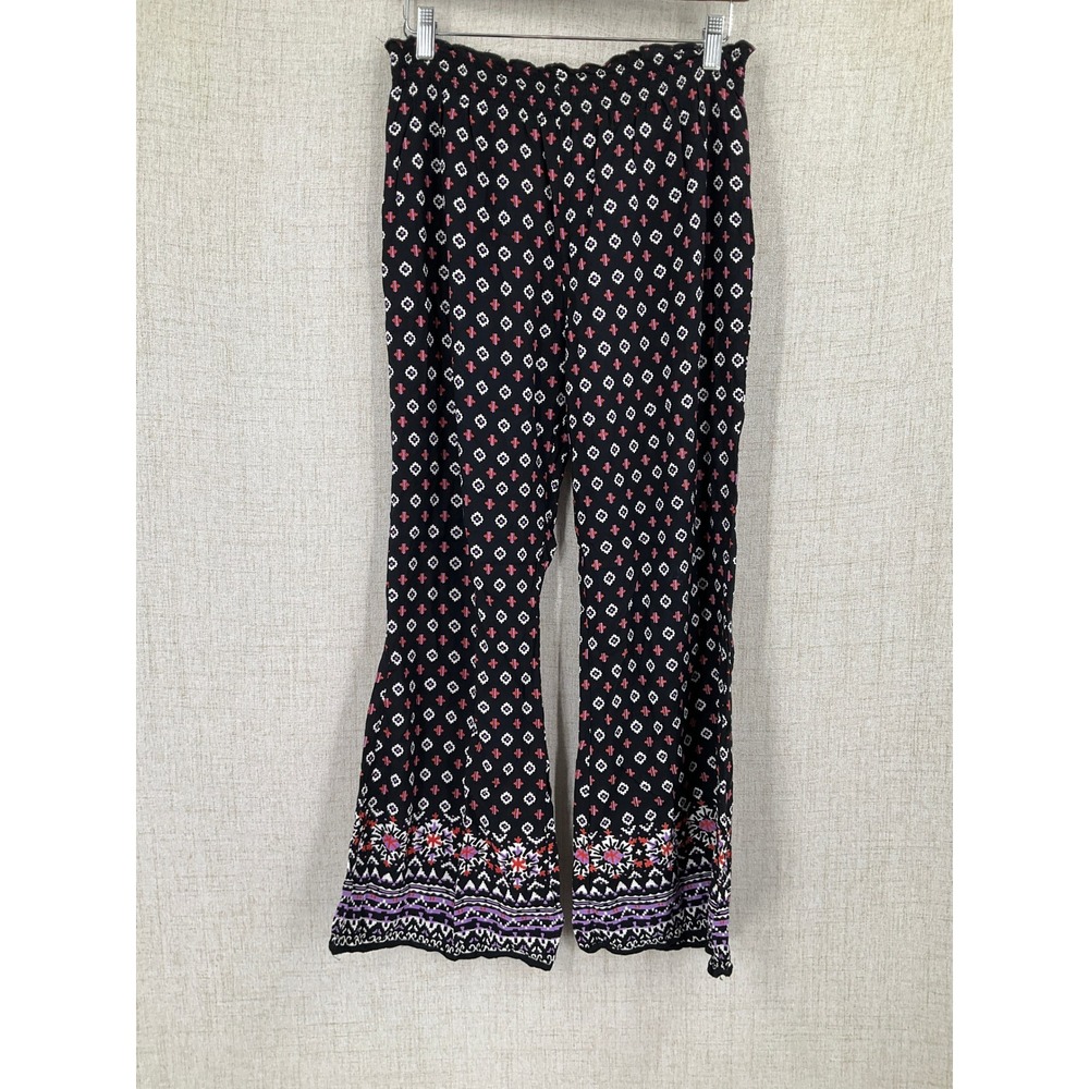 World Market Wide Leg Pants Womens S/M Black Rayon Boho Tribal Smocked Festival